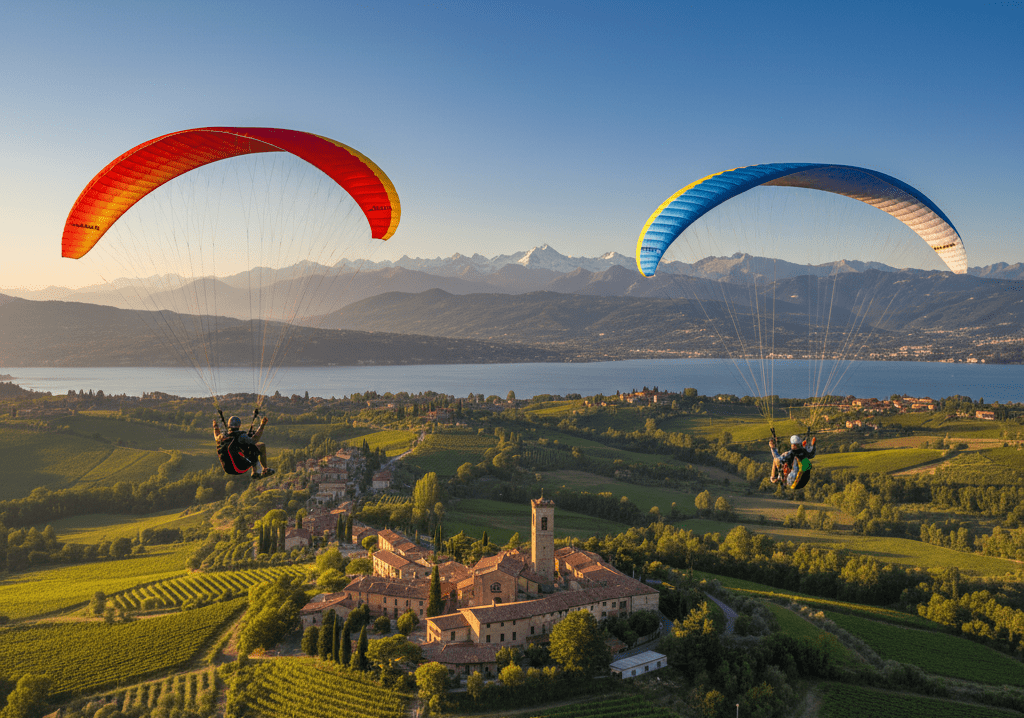A paraglider soaring above misty mountains under a clear blue sky capturing the essence of adventure and freedom.